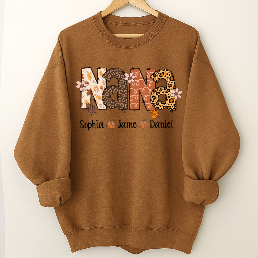 Autumn Leopard Nana And Grandkids Personalized Shirt