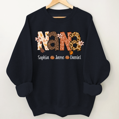 Autumn Leopard Nana And Grandkids Personalized Shirt