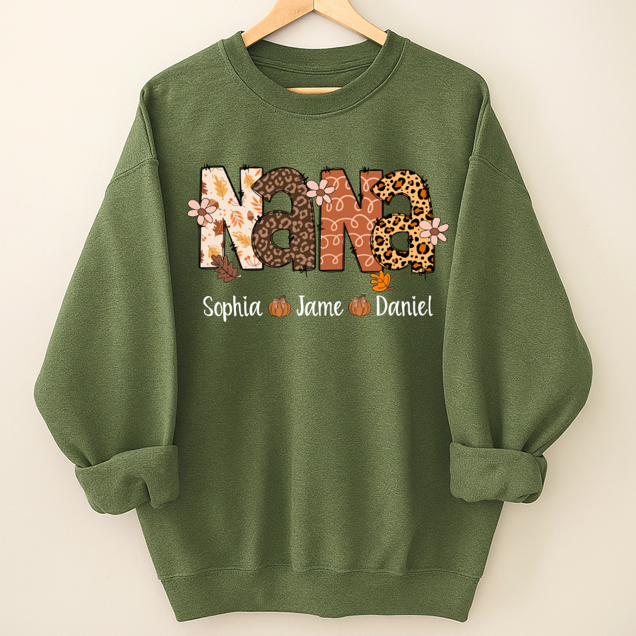 Autumn Leopard Nana And Grandkids Personalized Shirt