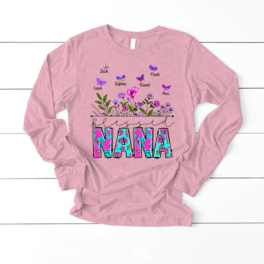 Blessed Nana Wildflowers And Butterflies Shirts For Grandma Longsleeve