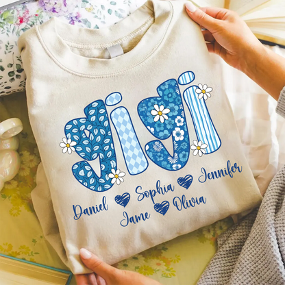 Blue Floral Gigi Personalized Grandma Gift with Grandkids Names Shirt