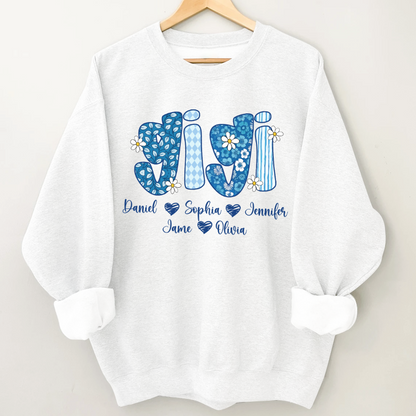 Blue Floral Gigi Personalized Grandma Gift with Grandkids Names Shirt