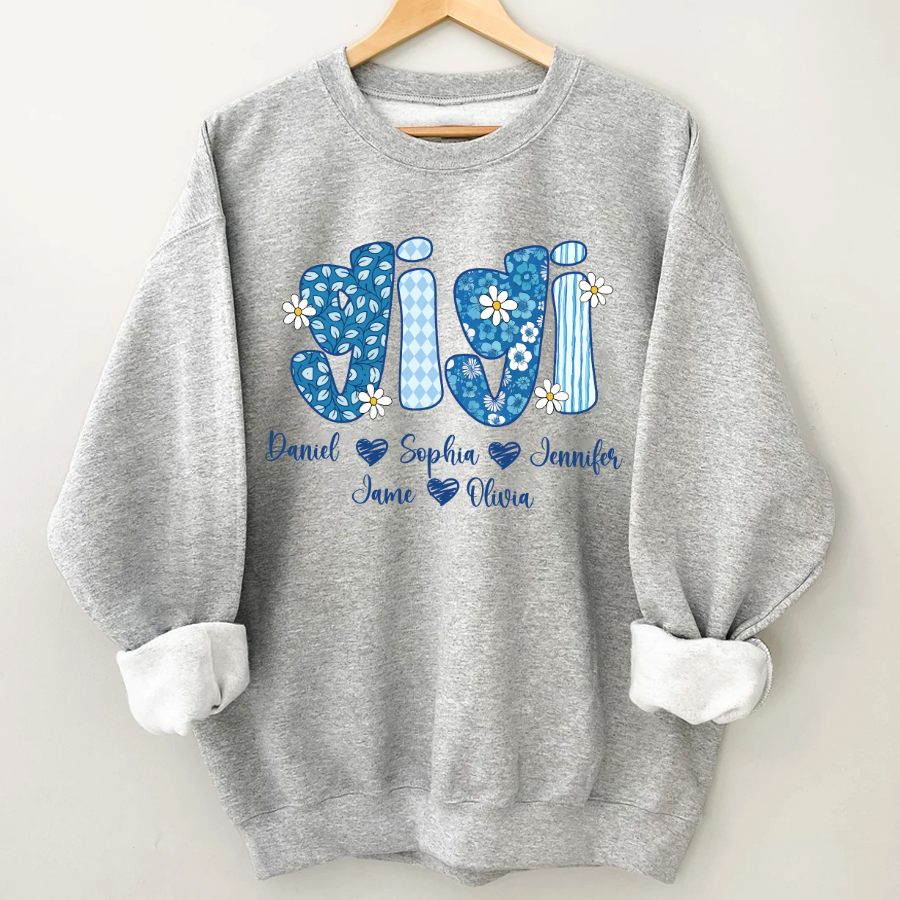 Blue Floral Gigi Personalized Grandma Gift with Grandkids Names Shirt