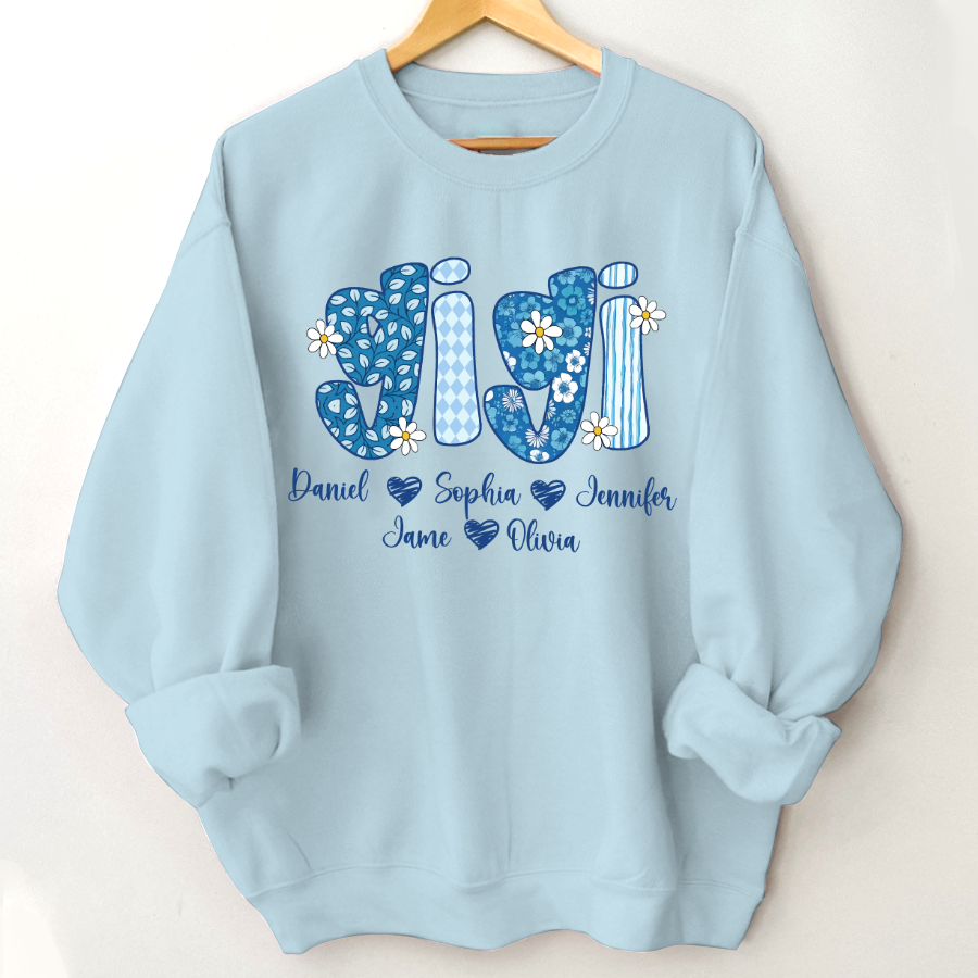 Blue Floral Gigi Personalized Grandma Gift with Grandkids Names Shirt