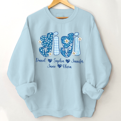 Blue Floral Gigi Personalized Grandma Gift with Grandkids Names Shirt