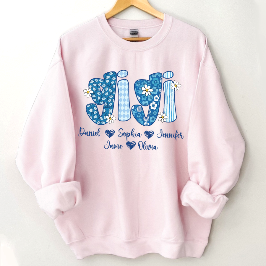 Blue Floral Gigi Personalized Grandma Gift with Grandkids Names Shirt
