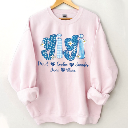 Blue Floral Gigi Personalized Grandma Gift with Grandkids Names Shirt