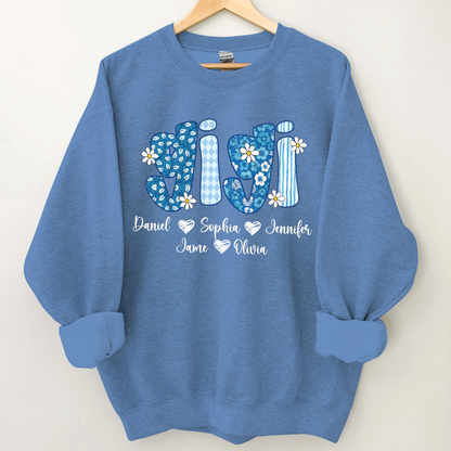 Blue Floral Gigi Personalized Grandma Gift with Grandkids Names Shirt