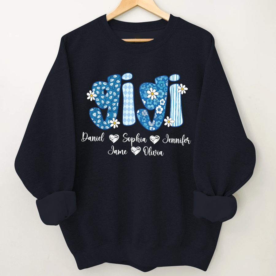 Blue Floral Gigi Personalized Grandma Gift with Grandkids Names Shirt
