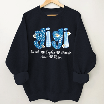 Blue Floral Gigi Personalized Grandma Gift with Grandkids Names Shirt