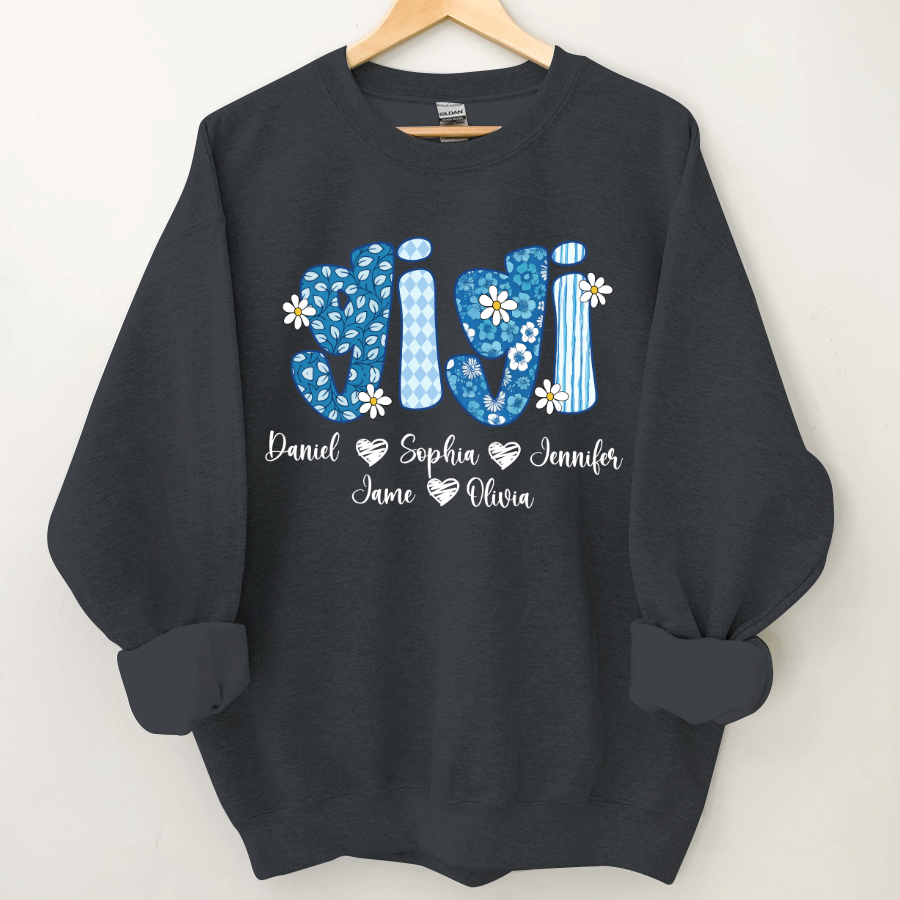 Blue Floral Gigi Personalized Grandma Gift with Grandkids Names Shirt