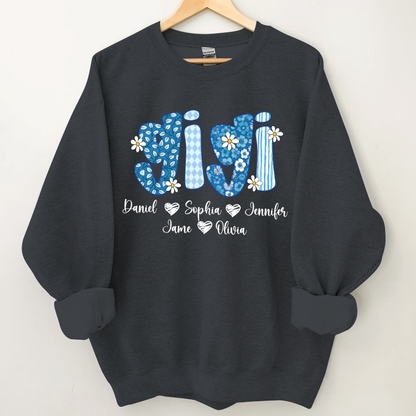 Blue Floral Gigi Personalized Grandma Gift with Grandkids Names Shirt