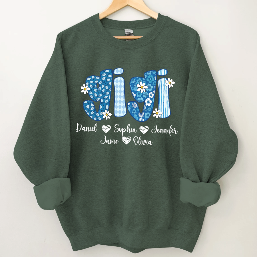 Blue Floral Gigi Personalized Grandma Gift with Grandkids Names Shirt