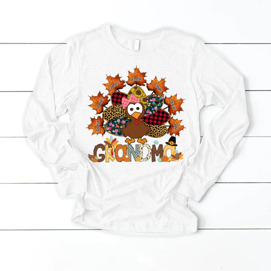 Grandma And Grandkids Thanksgiving Autumn Turkey Longsleeve