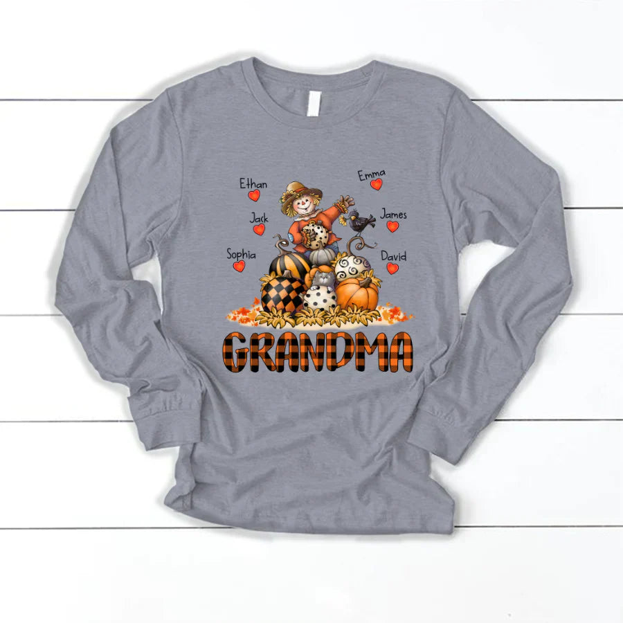 Grandma Fall Halloween Gift Custom Kidnames Longsleeve