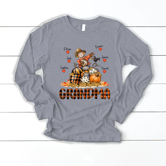 Grandma Fall Halloween Gift Custom Kidnames Longsleeve
