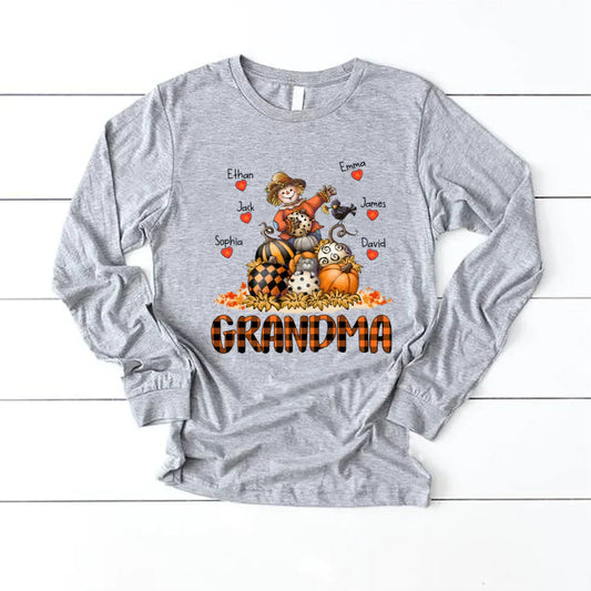 Grandma Fall Halloween Gift Custom Kidnames Longsleeve