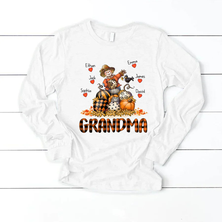Grandma Fall Halloween Gift Custom Kidnames Longsleeve