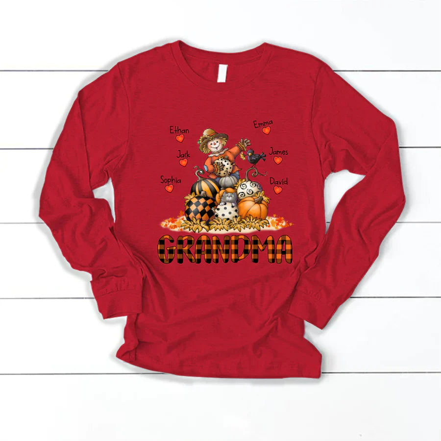 Grandma Fall Halloween Gift Custom Kidnames Longsleeve