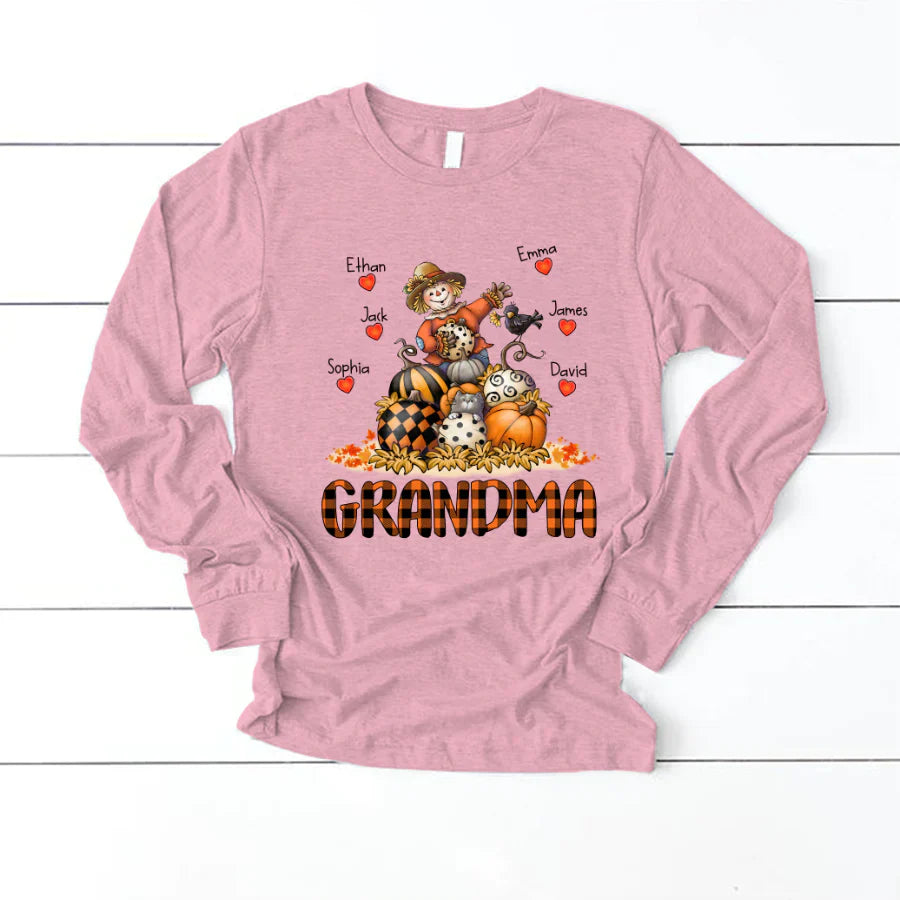Grandma Fall Halloween Gift Custom Kidnames Longsleeve