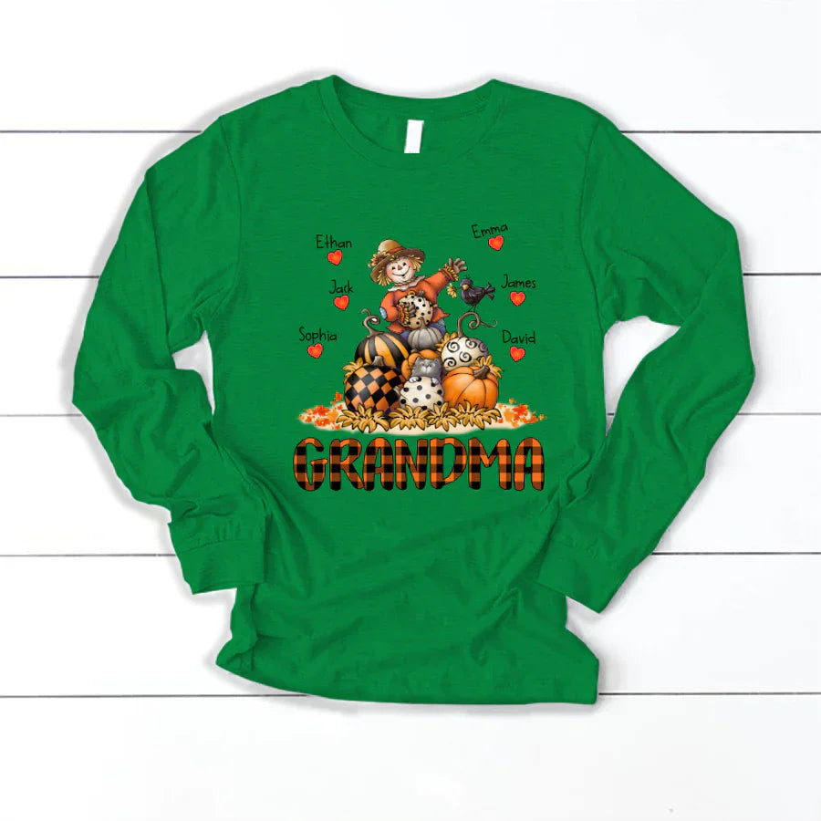 Grandma Fall Halloween Gift Custom Kidnames Longsleeve