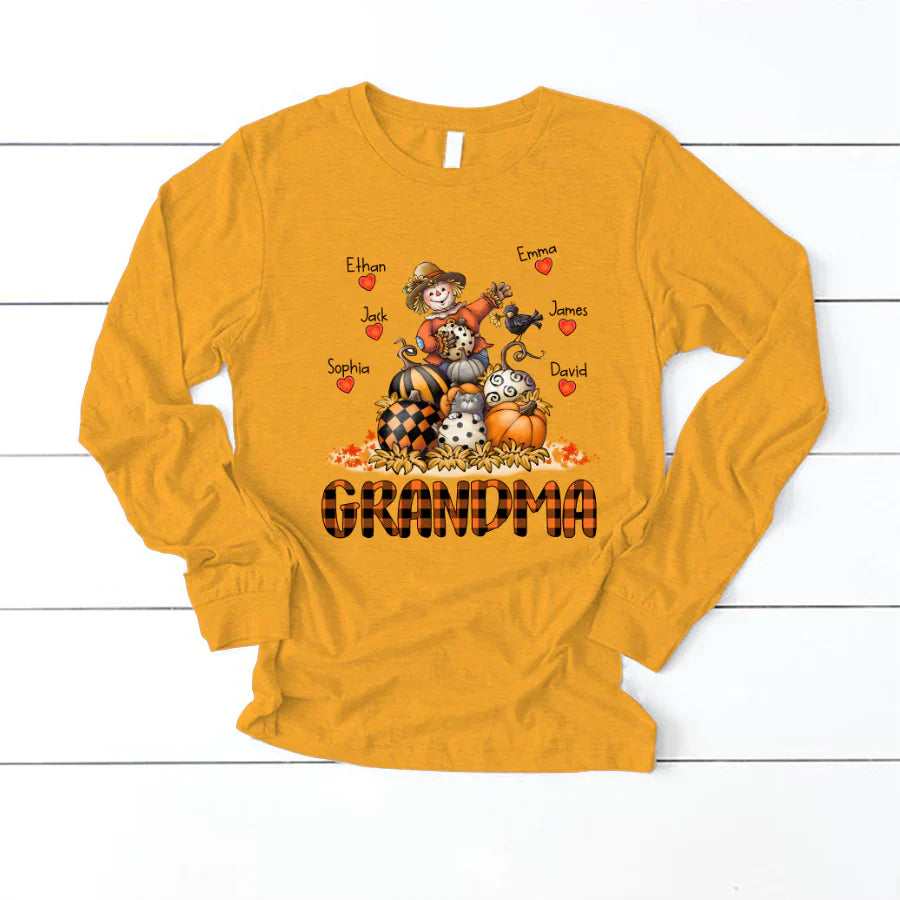 Grandma Fall Halloween Gift Custom Kidnames Longsleeve
