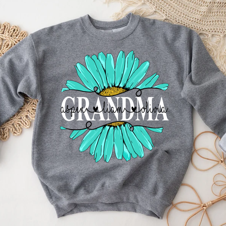 Grandma Flower Daisy Turquoise  And Grandkids Mother's Day Sweatshirt
