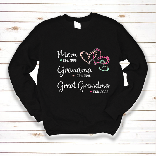 Mom Est Grandma Est Great Grandma Heart Leopard Black Sweatshirt