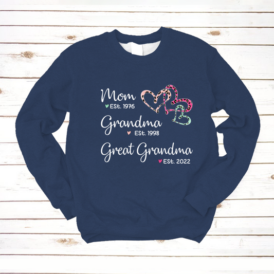 Mom Est Grandma Est Great Grandma Heart Leopard Black Sweatshirt