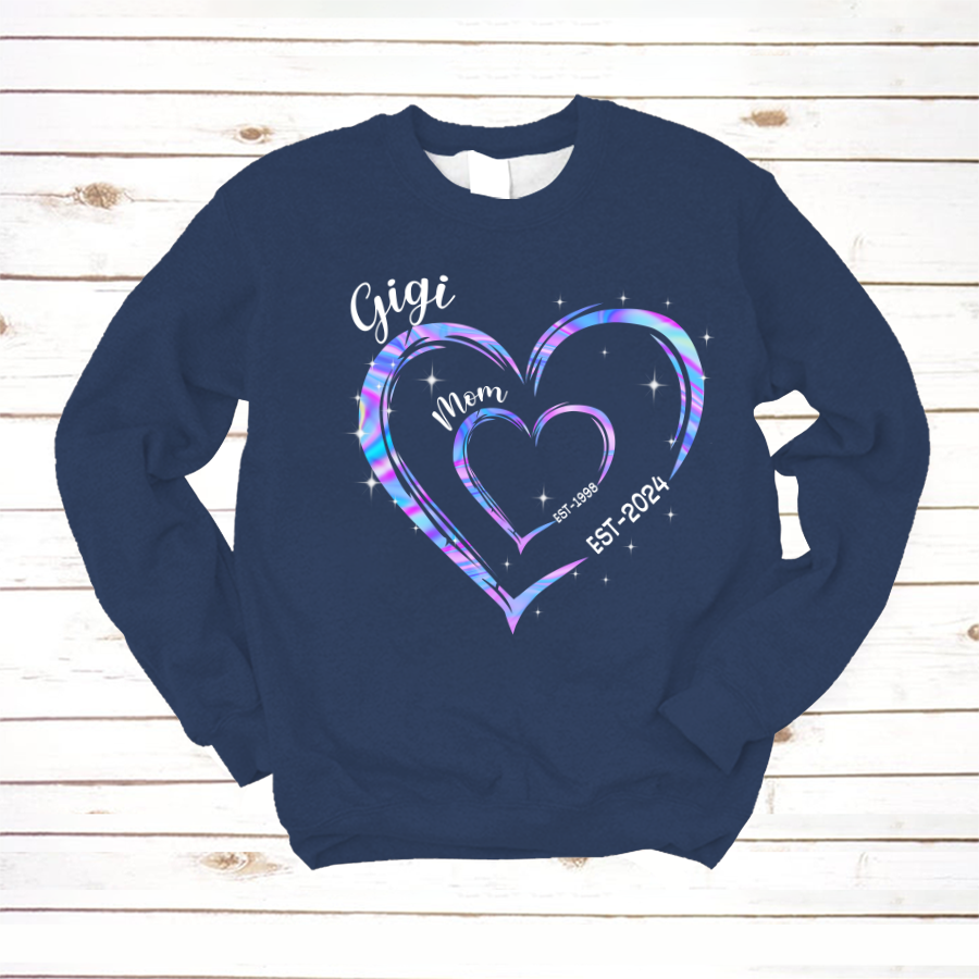 Mom Est Grandma Est Hearts Hologram, Best Mother's Day Gift Sweatshirt