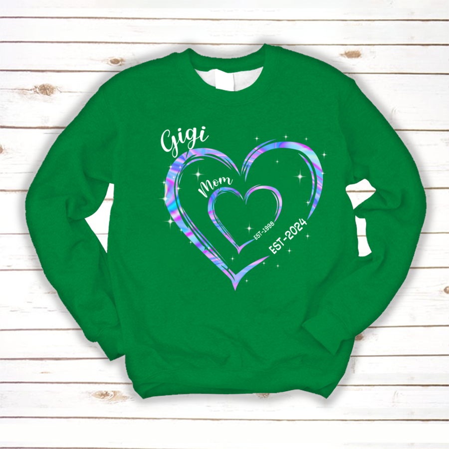 Mom Est Grandma Est Hearts Hologram, Best Mother's Day Gift Sweatshirt