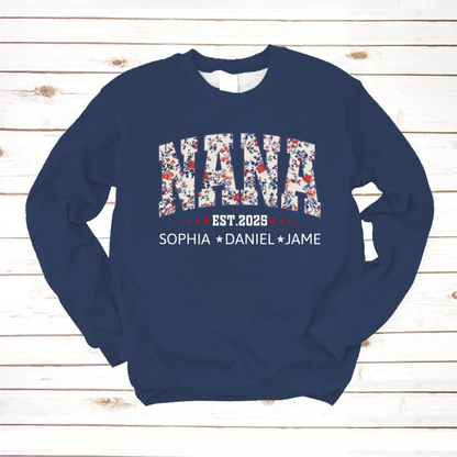Nana America Floral Est Year Custom Nana And Grandkids