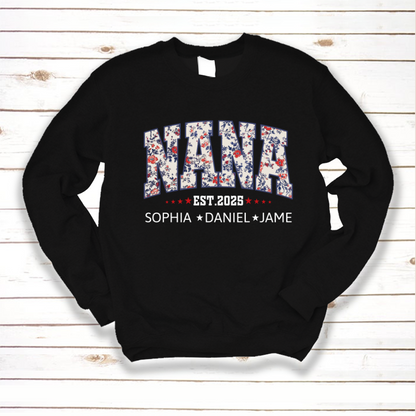 Nana America Floral Est Year Custom Nana And Grandkids
