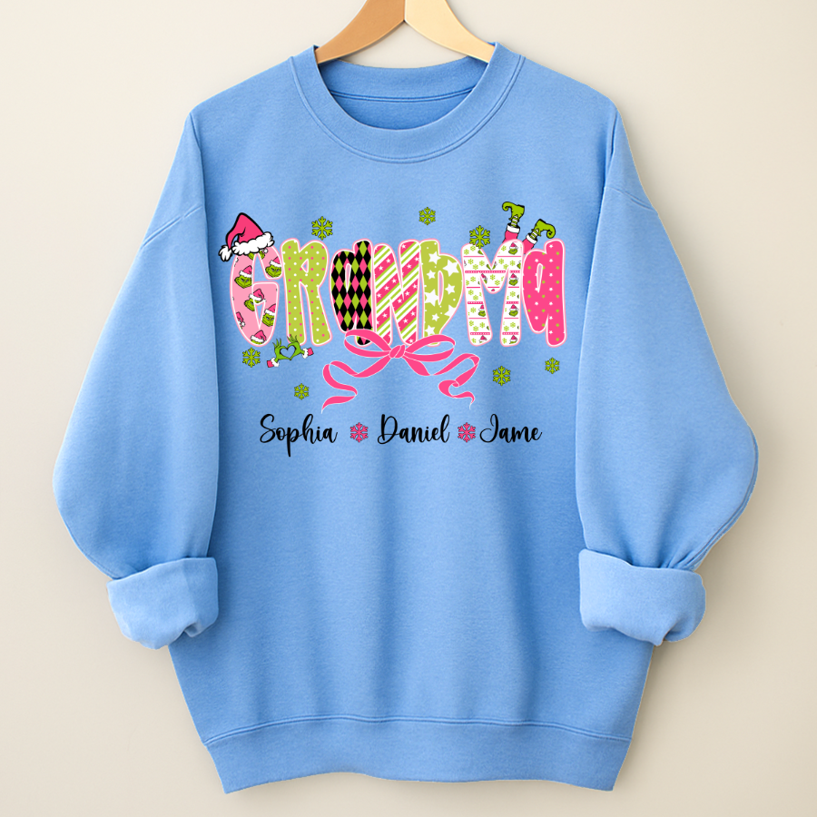 Personalized Christmas Grandma and Grankids Pink Snow Shirt