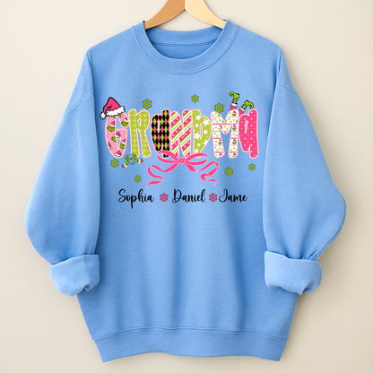 Personalized Christmas Grandma and Grankids Pink Snow Shirt