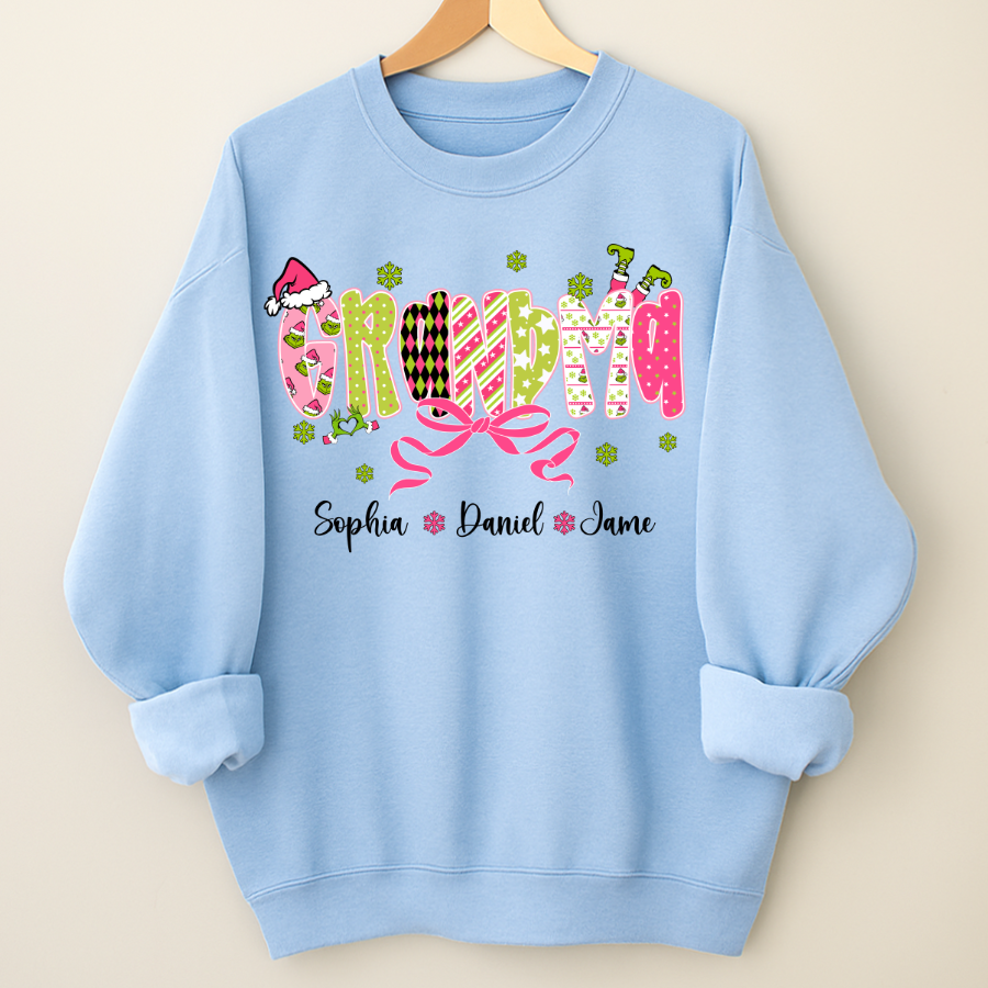 Personalized Christmas Grandma and Grankids Pink Snow Shirt