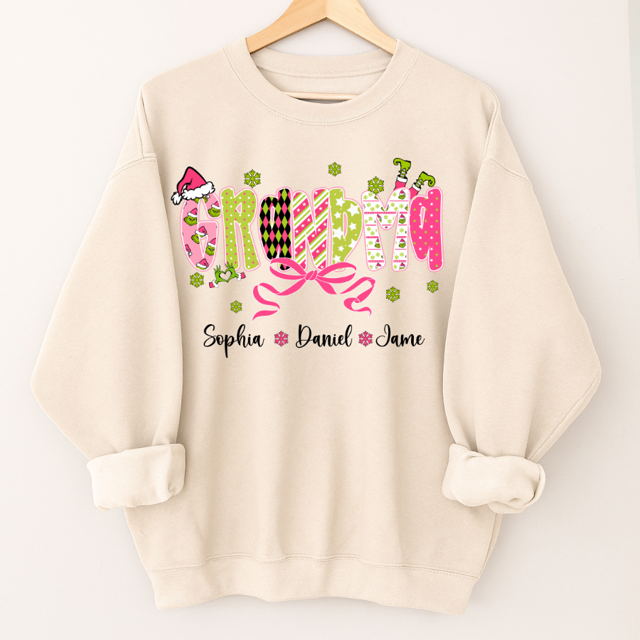 Personalized Christmas Grandma and Grankids Pink Snow Shirt
