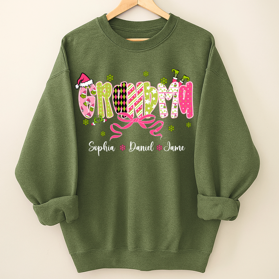 Personalized Christmas Grandma and Grankids Pink Snow Shirt