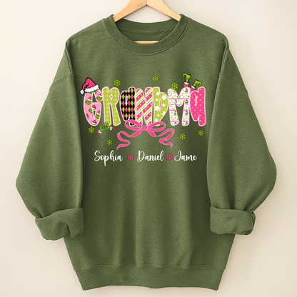 Personalized Christmas Grandma and Grankids Pink Snow Shirt