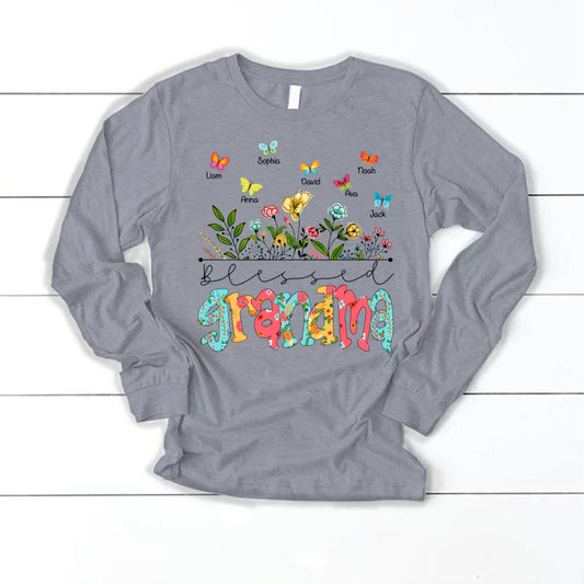 Personalized Blessed Grandma Wildflowers And Butterflies Shirts For Grandma Longsleeve