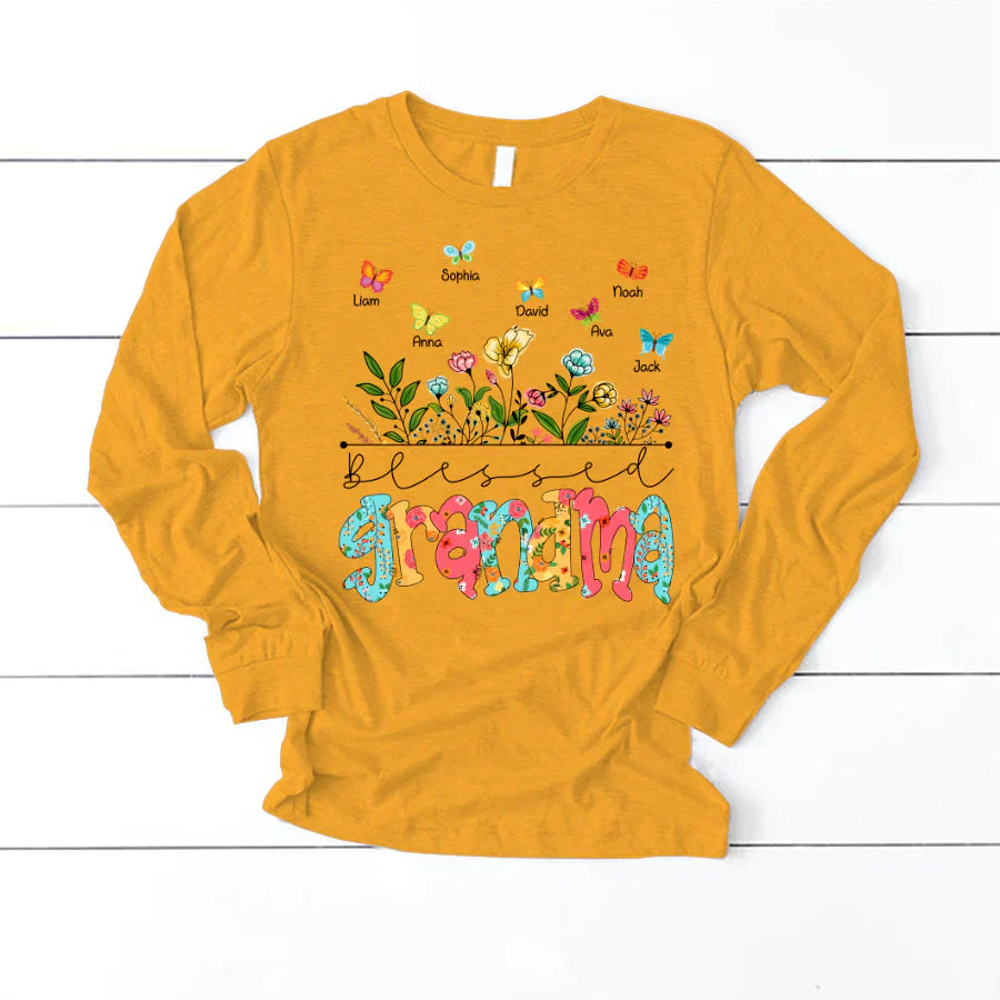 Personalized Blessed Grandma Wildflowers And Butterflies Shirts For Grandma Longsleeve