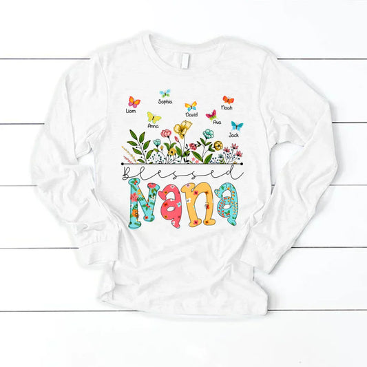 Personalized Blessed Nana Wildflowers And Butterflies Shirts For Grandma Longsleeve