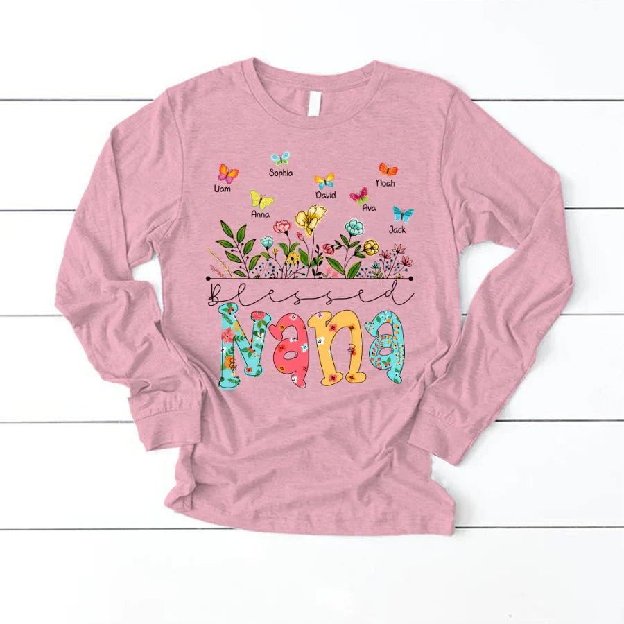 Personalized Blessed Nana Wildflowers And Butterflies Shirts For Grandma Longsleeve
