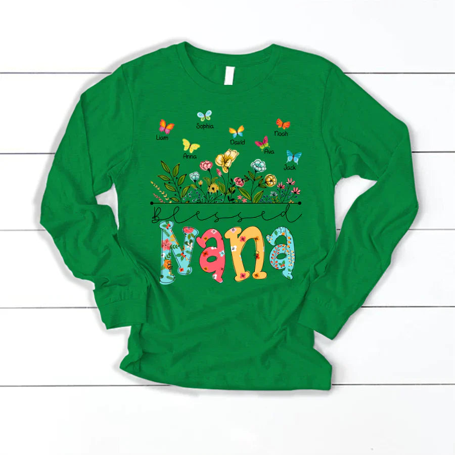 Personalized Blessed Nana Wildflowers And Butterflies Shirts For Grandma Longsleeve