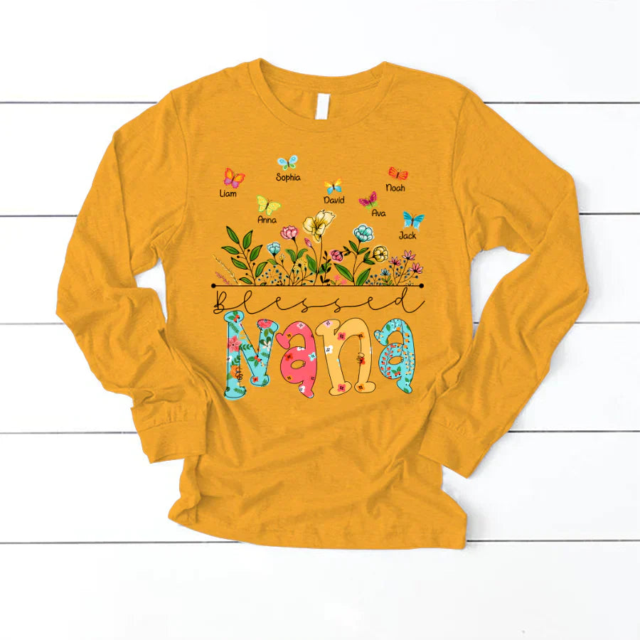 Personalized Blessed Nana Wildflowers And Butterflies Shirts For Grandma Longsleeve