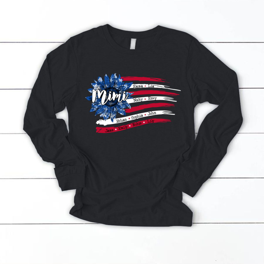 Personalized Grandma with Grandkids Sunflower American Flag  Longsleeve