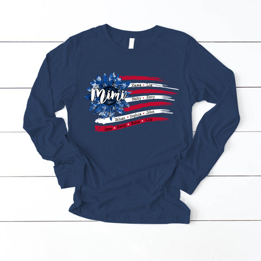 Personalized Grandma with Grandkids Sunflower American Flag  Longsleeve
