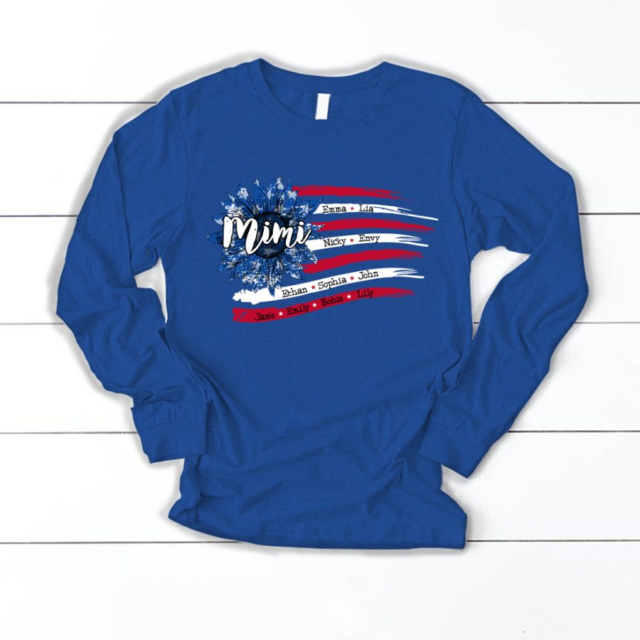 Personalized Grandma with Grandkids Sunflower American Flag  Longsleeve