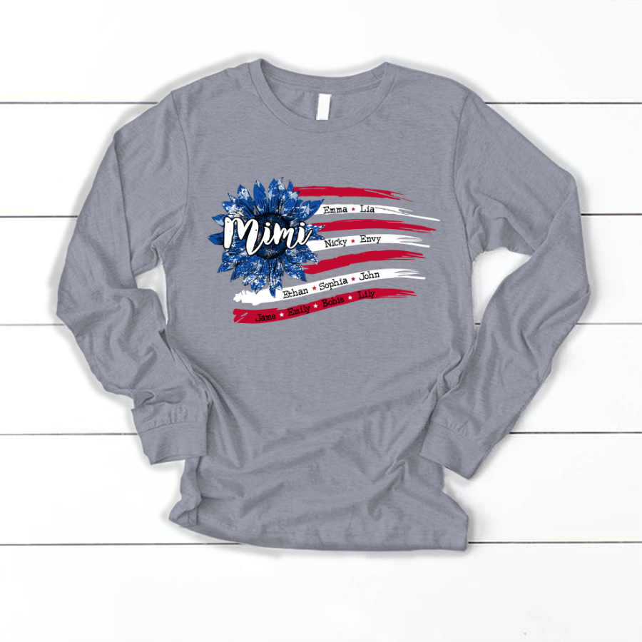Personalized Grandma with Grandkids Sunflower American Flag  Longsleeve