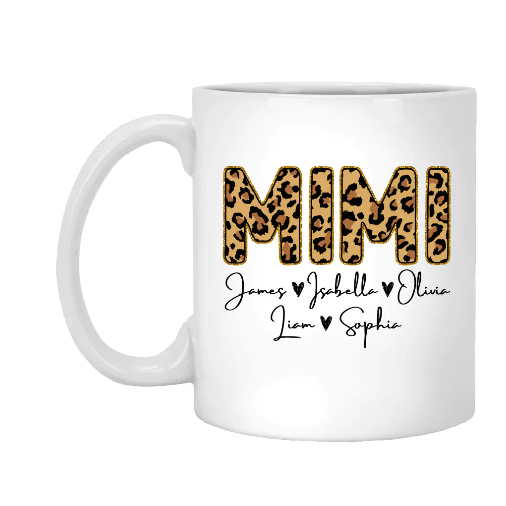 Personalized Mimi Grandkids name leopard Mug